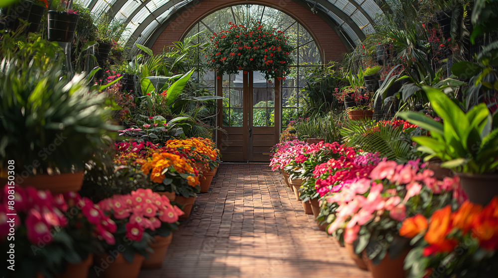 A visually rich composition featuring a flower fair in a greenhouse setting, with rows of exotic orchids, tropical plants, and rare blooms on display, creating a visually lush and