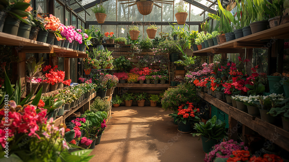 A visually rich composition featuring a flower fair in a greenhouse setting, with rows of exotic orchids, tropical plants, and rare blooms on display, creating a visually lush and A visually rich composition featuring a flower fair in a greenhouse setting, with rows of exotic orchids, tropical plants, and rare blooms on display, creating a visually lush and