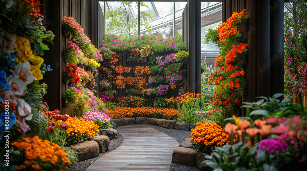A visually elaborate image showcasing a flower fair in full bloom, with towering floral sculptures, living walls of flowers, and interactive installations, creating a visually stun A visually elaborate image showcasing a flower fair in full bloom, with towering floral sculptures, living walls of flowers, and interactive installations, creating a visually stun
