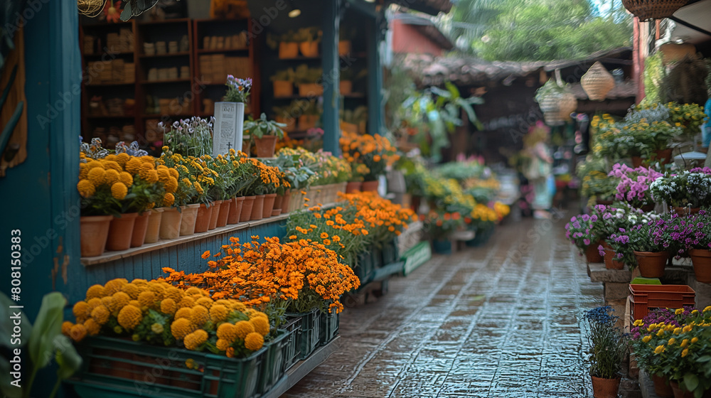 An atmospheric shot of a flower fair marketplace, with vendors selling handcrafted goods, artisanal foods, and herbal remedies alongside fragrant blooms, creating a visually divers