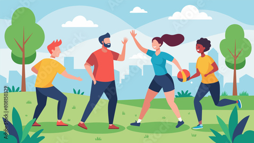 In a nearby park a group of coworkers participate in a friendly game of touch football enjoying the fresh air and camaraderie of their lunch break. Vector illustration