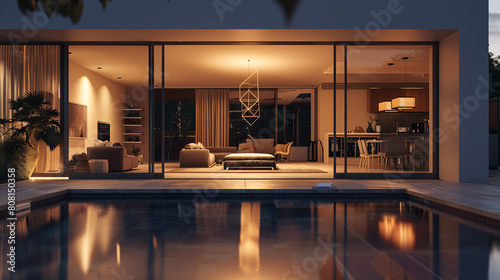 An image of a contemporary villa's exterior at night, where the pool is accentuated by stylish geometric lighting, complementing the villa's cubic architecture. 