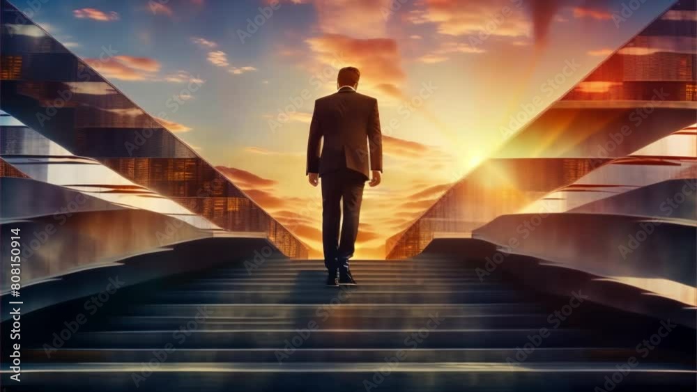 Ambitious businessman climbing the stairs to success. concept of career path success, future planning and business competitions. High quality FullHD footage