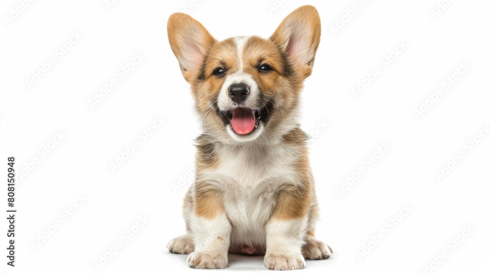 cute puppy with a tongue sticking out. The puppy is sitting on a white background. The puppy has a happy expression on its face cute puppy with a tongue sticking out. The puppy is sitting on a white background. The puppy has a happy expression on its face