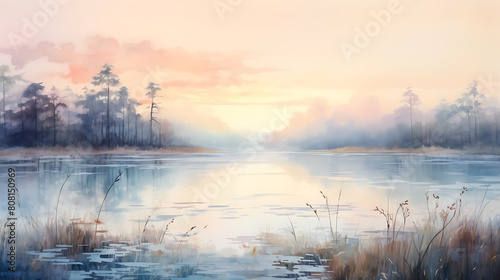 Soft watercolor washes in hues of dawn, portraying the quiet before the world wakes