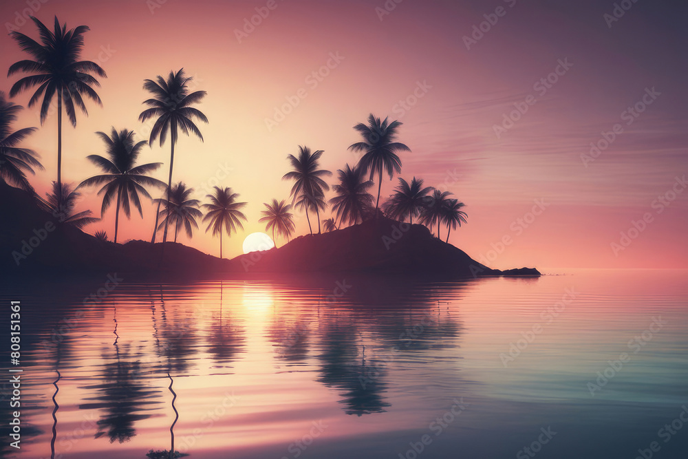 Sunset over the palm trees on an exotic beach, with a colorful sky and reflections in the water.