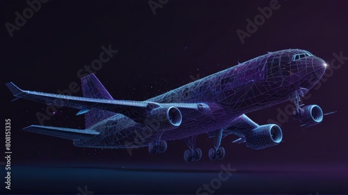 Front view of an airplane in a hangar in dark blue. Airplane maintenance, aircraft repair service concept. Abstract polygonal 3d wireframe looks like a starry sky. Digital vector mesh with lines