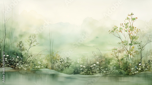 Watercolor background evoking the peacefulness of a zen garden in subtle greens and browns photo