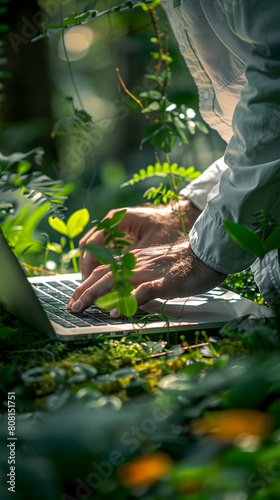 Biologist analyzing diverse flora in wetland with a laptop surrounded by lush greenery - Ultra realistic concept