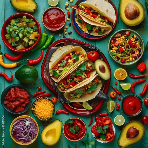 Vibrant Mexican Cuisine Flat Lay Featuring Tacos, Avocados, and Peppers. Concept Flat Lay Photography, Mexican Cuisine, Vibrant Colors, Tacos, Avocados, Peppers