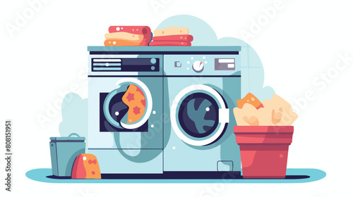 Clothes before washing and washing machine flat vec photo