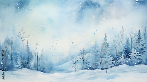 Watercolor splashes in cool blues and whites, creating the impression of a snowy winter landscape
