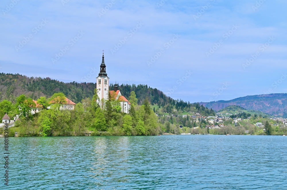 View of Lake Bled and Assumption of Maria Church on Bled Island in Slovenia View of Lake Bled and Assumption of Maria Church on Bled Island in Slovenia