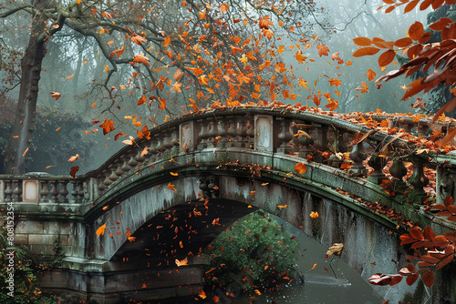 Autumn leaves swirling around a bridge embellished with seasonal motifs.