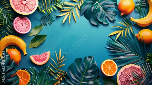 tropical fruit pattern, vibrant palm leaves and tropical fruit design in pop art style, ideal for creating a summer party flyer with a lively and colorful vibe photo