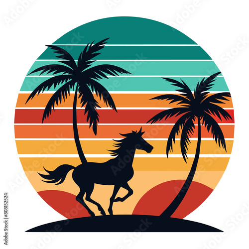 A silhouette of a horse is set against a vibrant  striped sunset backdrop with palm trees