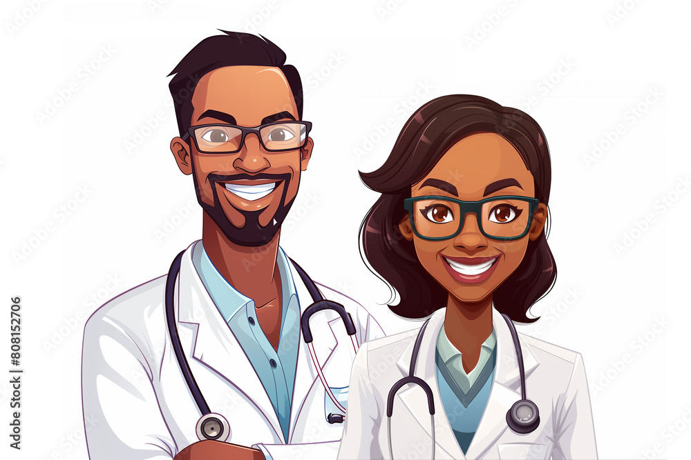 Black smiling male and female doctors standing together, isolated on white background Black smiling male and female doctors standing together, isolated on white background