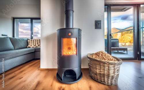 a wood pellet stove in a modern living room, AI generated