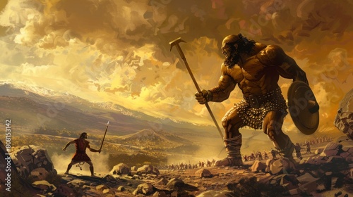 David facing Goliath on the battlefield in high resolution and high quality. biblical concept, religion, history, strength, leader