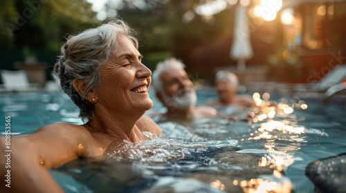 Joyful Senior Woman Swimming with Friends at Sunset Pool Party. Generative ai