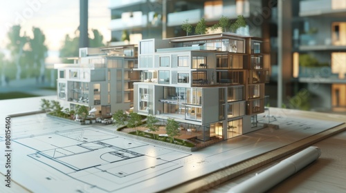 An intricate architectural model of a multi-story residential complex is illuminated by the soft light of dawn.
