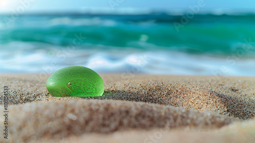 An intimate view of a single piece of emerald green sea glass, half-buried in the sand, with the ocean's azure waters providing a stunning contrast in the background,  © baseer