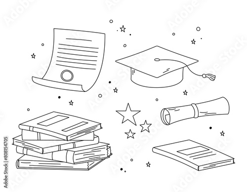 Graduation doodles vector set. Illustrations of isolated square academic cap, mortarboard, diploma, books pile and stars. High school, college, academy graduation symbols black outline