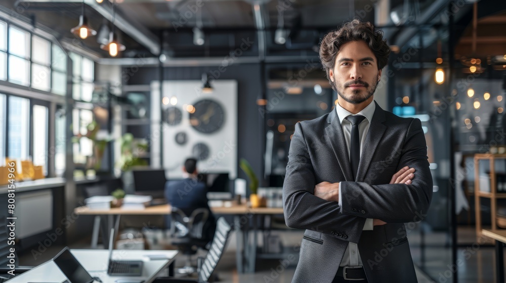 A man in a suit, arms crossed, stands before a table The setup includes chairs and a laptop A man in a suit, arms crossed, stands before a table The setup includes chairs and a laptop