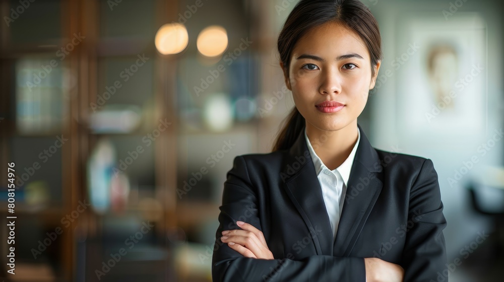   A woman, arms crossed, faces a glass case Behind her, a portrait of a woman hangs on the wall