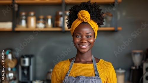  A woman wears a yellow headwrap and a yellow sweeter in the kitchen photo