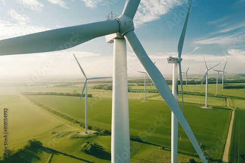 Aerial view of wind turbines in an open field, concept of renewable energy, wind energy, clean energy.