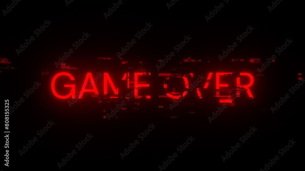 3D rendering game over text with screen effects of technological glitches
