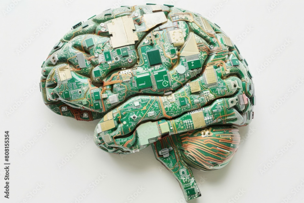 Fototapeta premium Brain made of circuit boards and data streams, technology and artificial intelligence concept, white background.