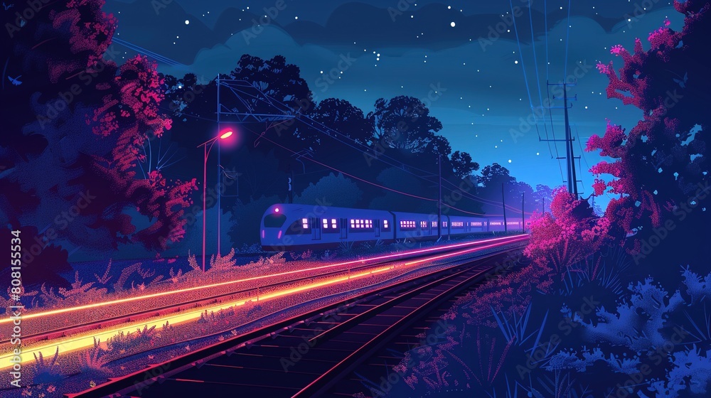 Night train journey illustration , Train travel under the stars
