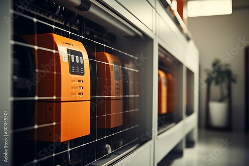 Modern orange electric oven in the kitchen. 3d rendering toned image