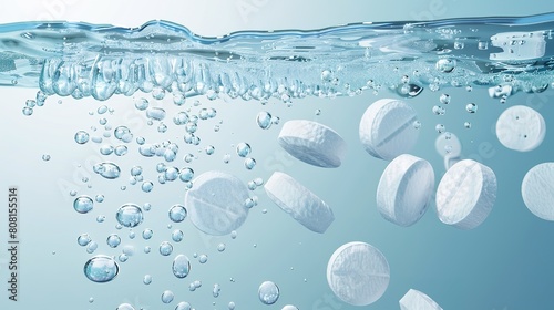 Effervescent tablets dissolving in carbonated water creating bubbles and waves - refreshment and rejuvenation concept