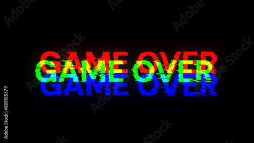 3D rendering game over text with screen effects of technological glitches