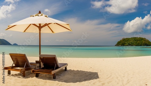 picturesque beach setting  boasting glistening white sands  stylish chairs  and a colorful umbrella  framed against a backdrop of azure ocean and endless sky.