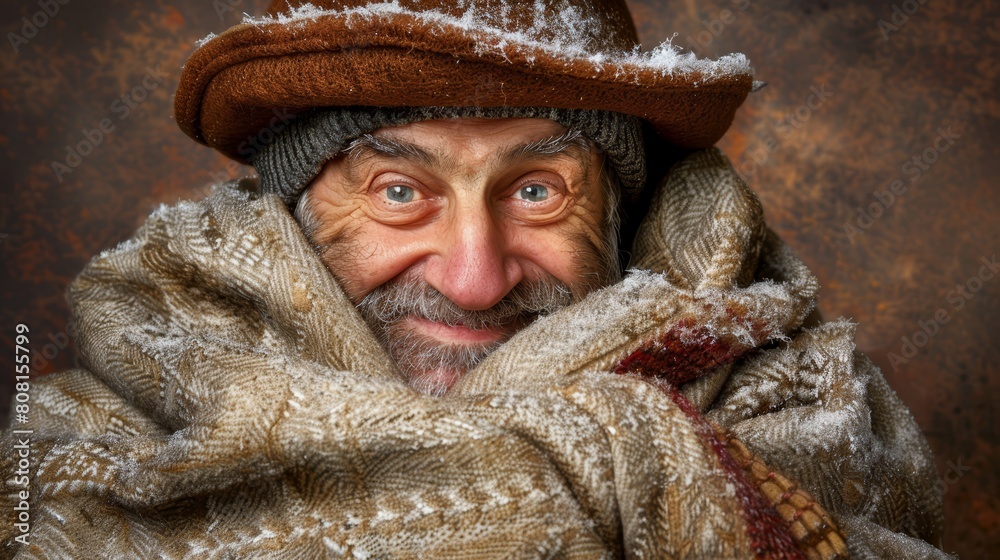 A close-up of a person wearing a hat and a scarf around their neck A close-up of a person wearing a hat and a scarf around their neck