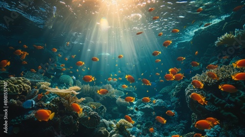 underwater ecosystems, the sunlight shining through the water reveals a stunning variety of marine life thriving in the beautiful underwater tropical setting © Aliaksandra