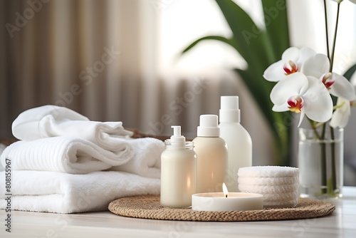 Spa composition with sea salt  towels and candles on wooden table