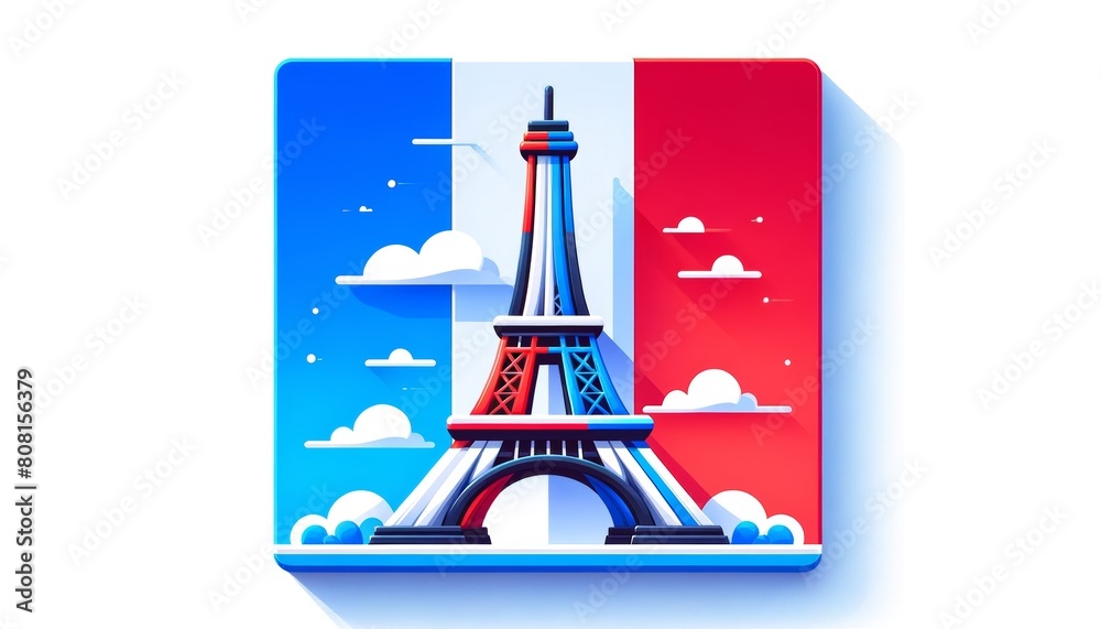 Eiffel tower Paris city France on french flag, white, blue and red color Eiffel tower Paris city France on french flag, white, blue and red color