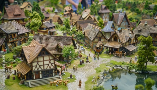 Miniature of a medieval village with cobblestone streets and thatched-roof houses, small rocky hills in the background, fantasy and history concept. © Deivison