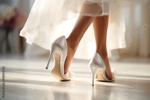 Beautiful legs of the bride in white high-heeled shoes