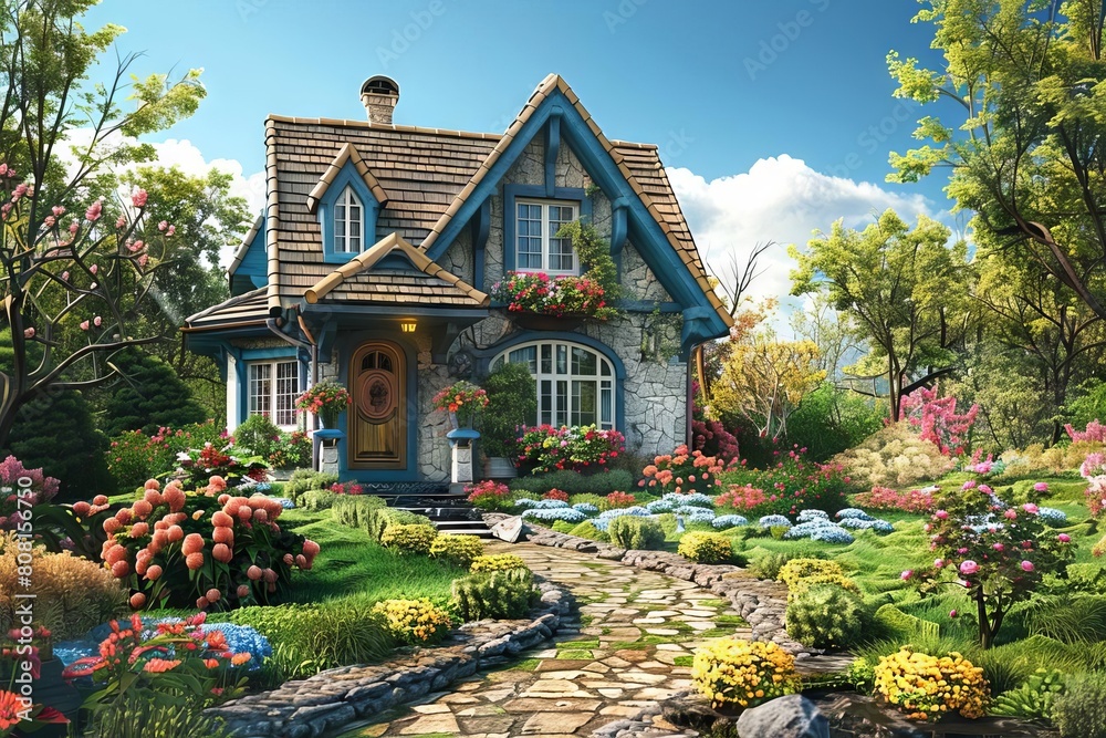 enchanting cottagestyle house with charming facade flowerfilled window boxes and stone walkway aigenerated illustration
