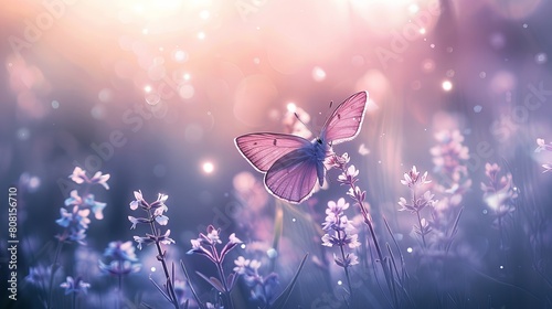 Purple butterfly on wild white violet flowers in grass in rays of sunlight, macro. Spring summer fresh artistic image of beauty morning nature. Selective soft focus. © Nijat