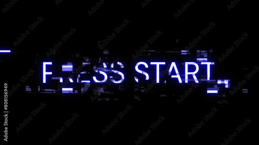 3D rendering press start text with screen effects of technological glitches