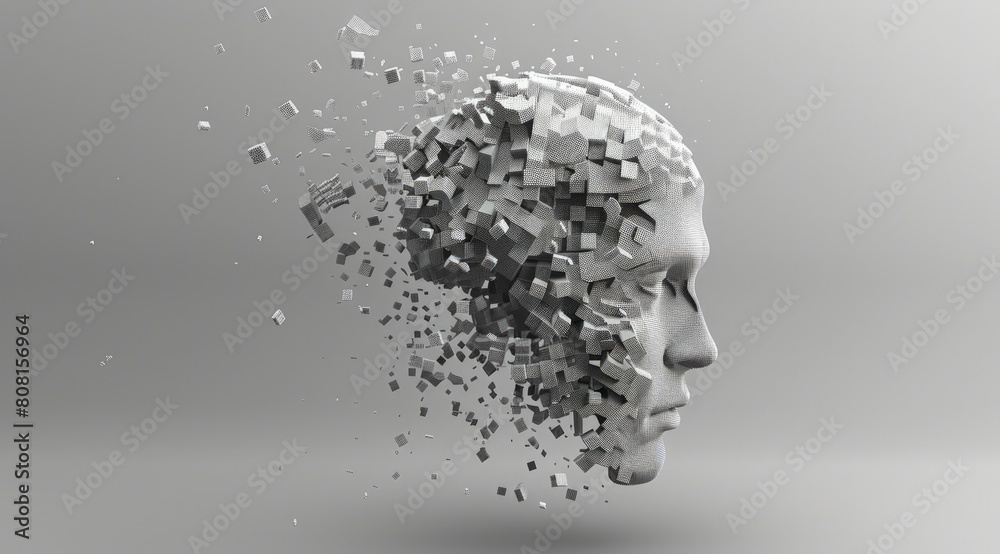 Human brain made of pixels disintegrating into small blocks, concept of artificial intelligence. Human brain made of pixels disintegrating into small blocks, concept of artificial intelligence.