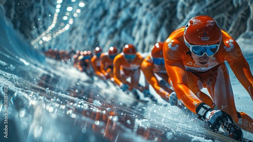Speed skaters in a dynamic race on an icy track