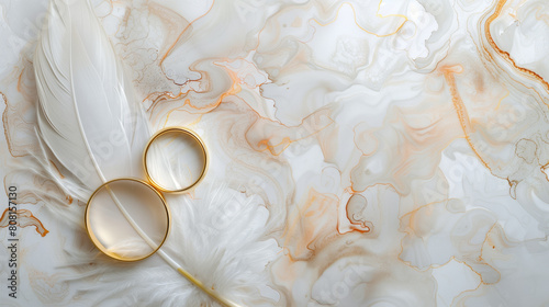 **A soft and ethereal background featuring two golden wedding rings delicately placed alongside a feather. The backdrop exudes a sense of lightness and warmth, resembling marble ink abstract art deriv photo